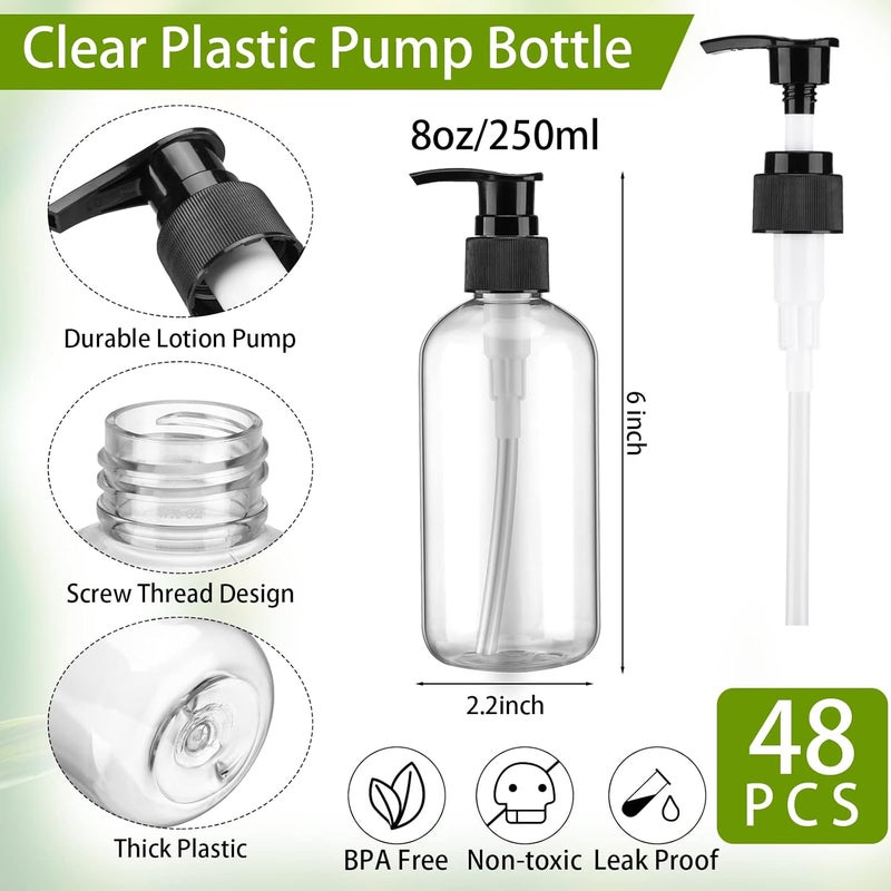 Eaasty 48 قطعة موزع زجاجة مضخة لوشن قابلة لإعادة التعبئة شامبو بلسم موزع صابون يدوي بلاستيكي فارغ 8 أونصة/250 مل شفاف قابل لإعادة الاستخدام حاوية غسول الجسم بالجملة (شفاف، أبيض، أسود) - Image 2